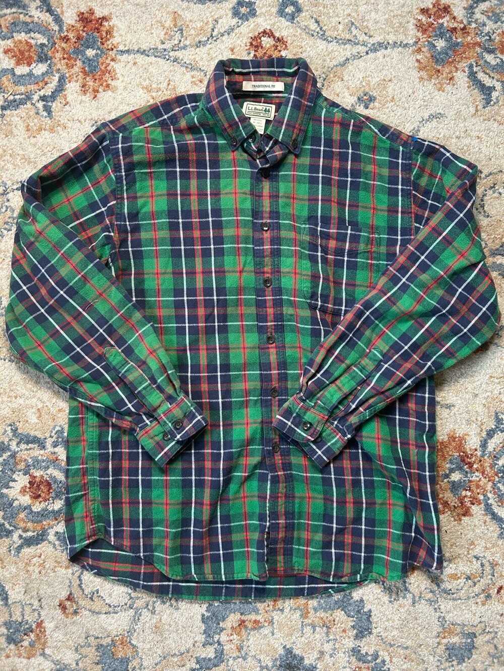 LL Bean Men Long Sleeve Button Up Shirt Medium Traditional Fit Green Plaid
